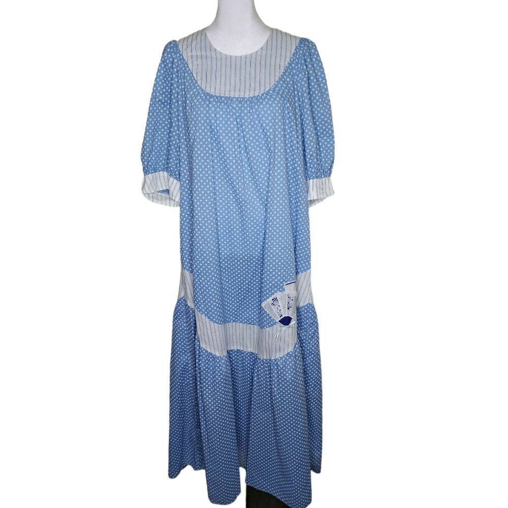 Vintage 60's Libery House Hawaiian Maxi Dress Ruffle Hem Womens Size L Blue